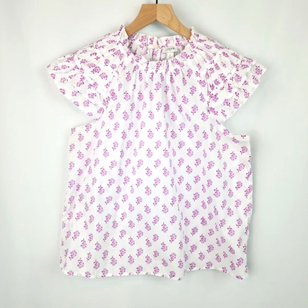 J Crew Women's White and Purple Floral Flutter Sleeve Cotton Top Size L